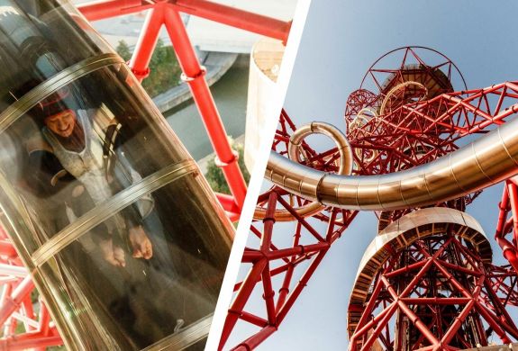Split photo of woman going down the zip world helix in london and a view looking up at the helix