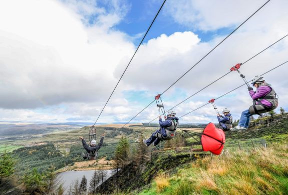 four people going down the zip lines at zip world phoenix looking out over woodland and a lake