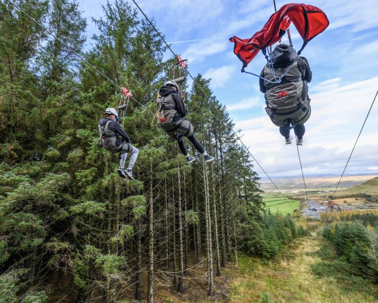 three people going down the zip lines over woodland on zip world phoenix
