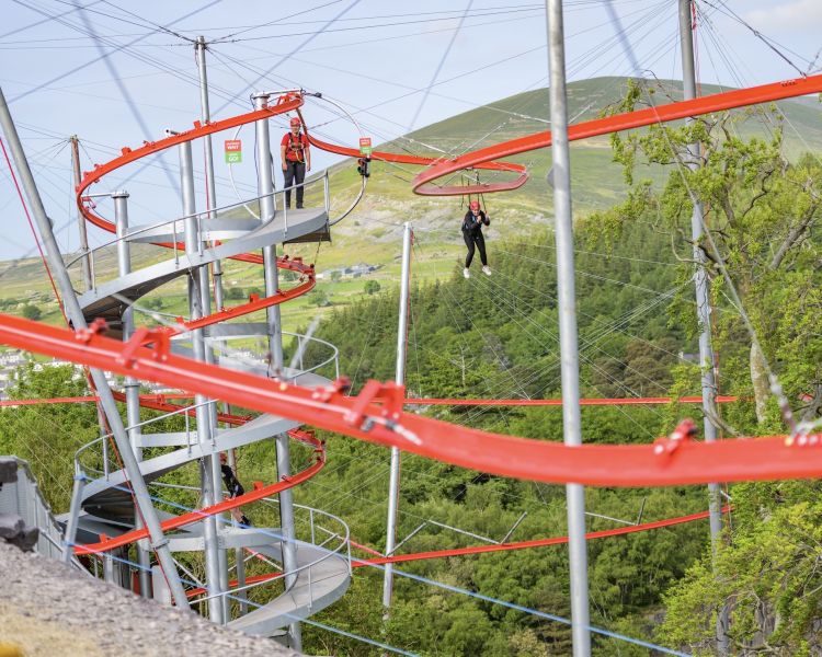 people on the zip world aero explorer in wales overlooking woodland