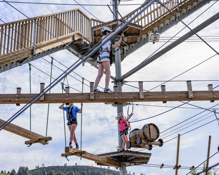 view of people making their way along the course on the zip world tower climber in south wales