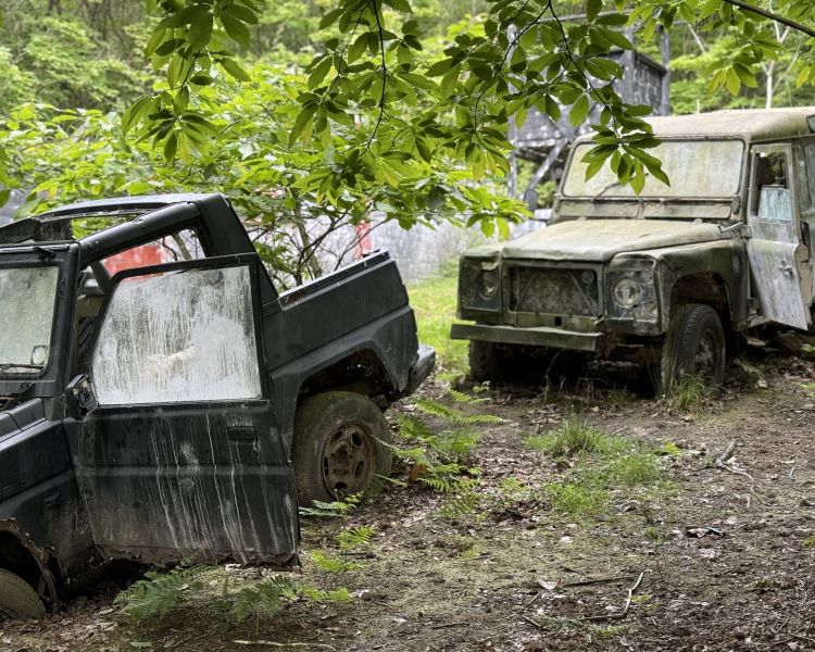 old broken up jeeps in woodland on a paintball experience course