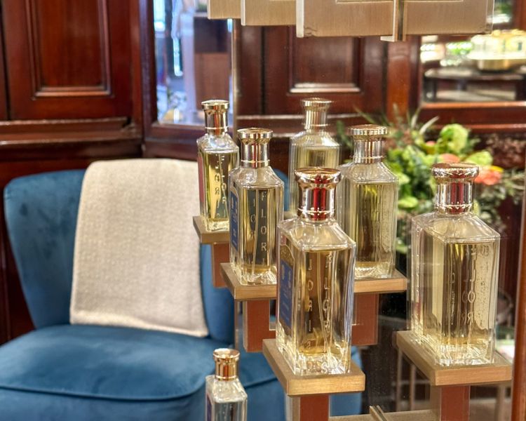 close up of perfume bottles in exclusive perfumery in london as part of james bond tour
