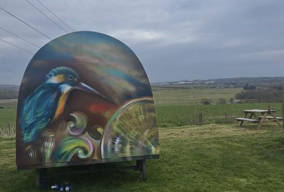 a glamping pod painted with a kingfisher on the back overlooking countryside for a stonehenge unique stay