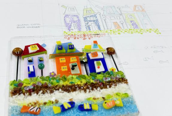 fused glass creation with sketch drawing