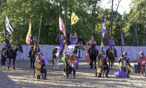 people on horseback dressed as medieval knights on a jousting experience