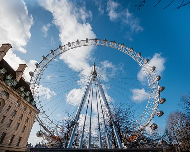 view of the london eye looking up at it from the street below against a sunny cloudy sky