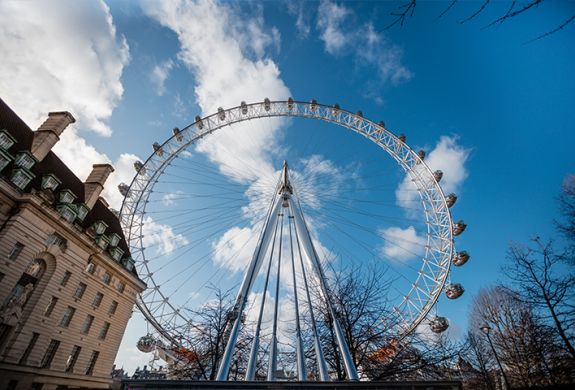 view of the london eye looking up at it from the street below against a sunny cloudy sky