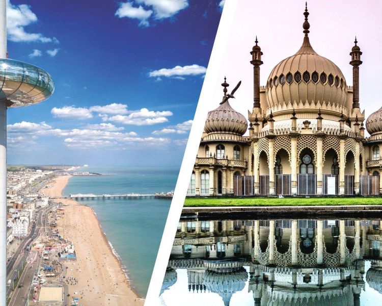 Split photo of the brighton i360 and the brighton pavilion