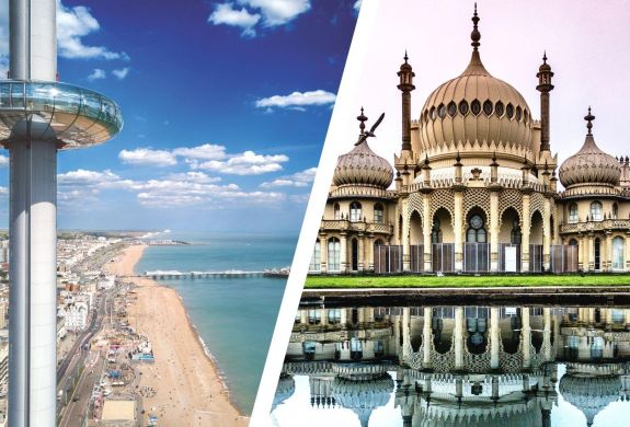 Split photo of the brighton i360 and the brighton pavilion