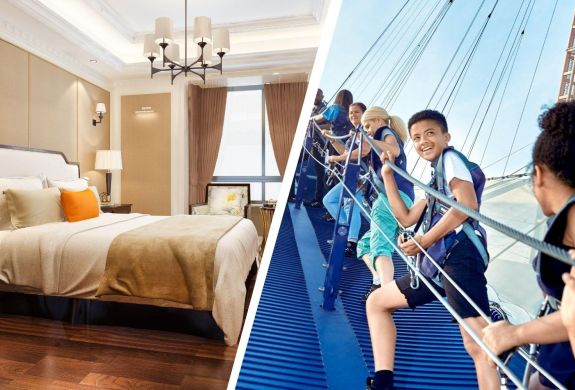 Split Photo Showing a Hotel Room and the Up at the O2 Experience