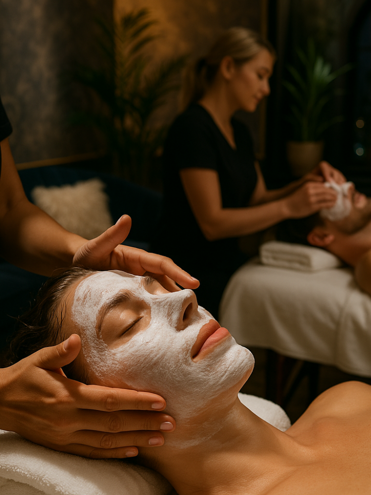 man and woman having a facial treatment side by side in london
