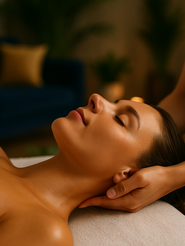 woman having a neck massage as part of a facial treatment in london