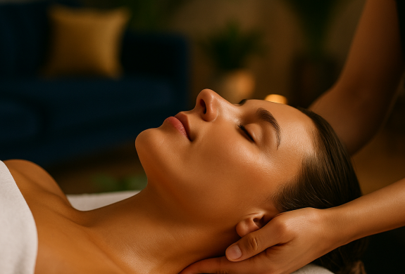 woman having a neck massage as part of a facial treatment in london