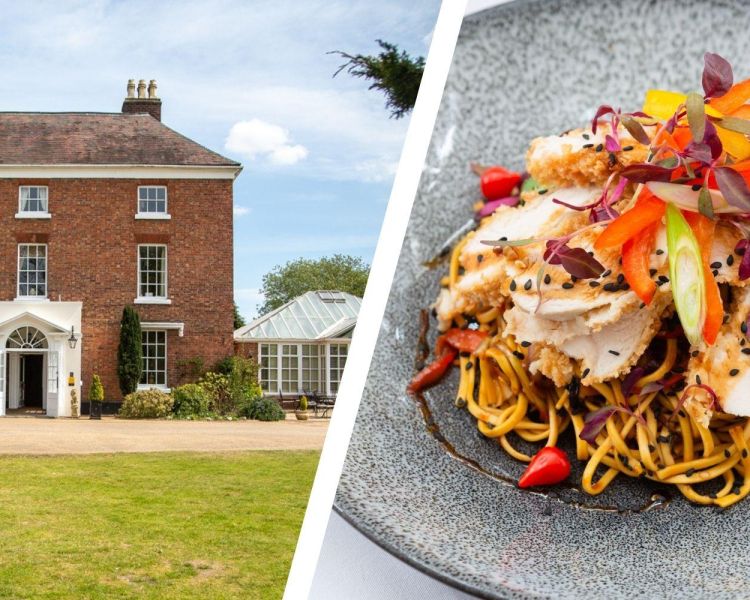 Split photo of shropshire hotel and chicken noodle dinner