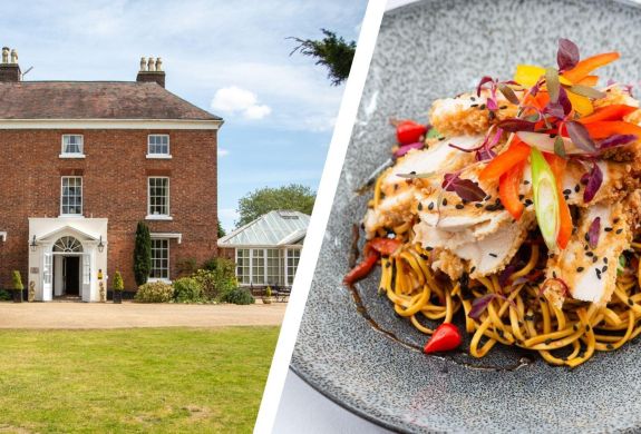 Split photo of shropshire hotel and chicken noodle dinner