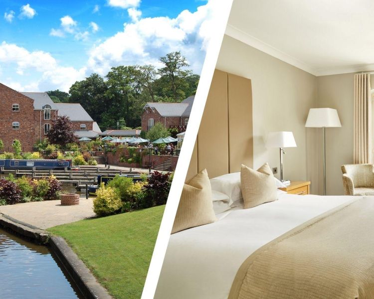 Split photo of a canalside hotel and double room at a hotel in oswestry