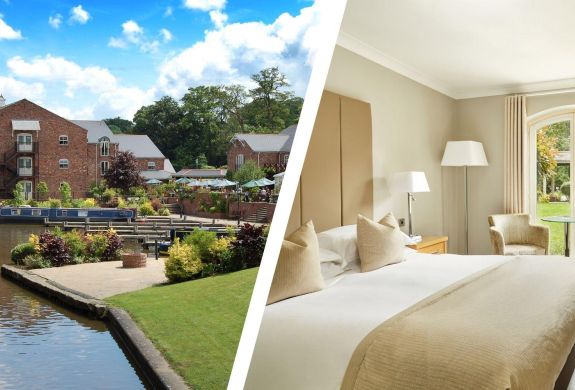 Split photo of a canalside hotel and double room at a hotel in oswestry