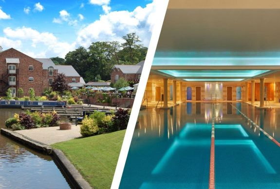 Split photo of a canalside hotel and spa swimming pool at a hotel in oswestry