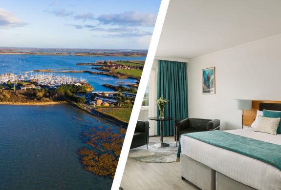 Split photo of an aerial view of a harbour side hotel and double room in hampshire