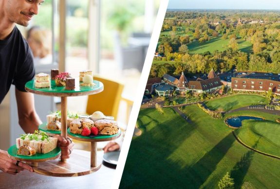 Split photo of an afternoon tea and aerial view of golf hotel in suffolk