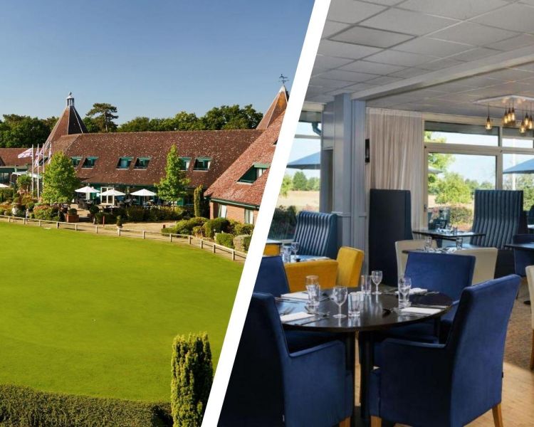 Split photo of a hotel golf and spa and its restaurant area in suffolk