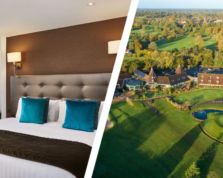 Split photo of a double room and aerial view of golf hotel in suffolk