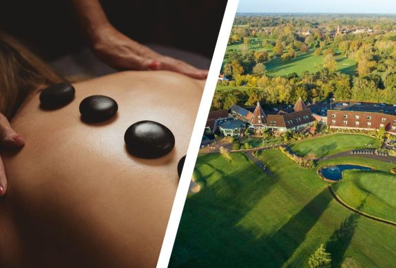Split photo of a woman having a massage treatment and aerial view of golf hotel in suffolk