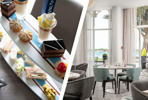 Split photo of an afternoon tea and terrace dining area of a hotel and spa in hampshire