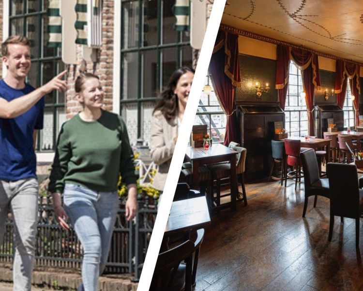 Split photo of people walking on london street and the inside of a london pub restaurant