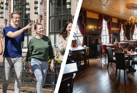 Split photo of people walking on london street and the inside of a london pub restaurant