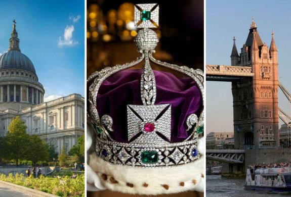 Split photo showing st pauls cathedral crown jewels and thames river cruise