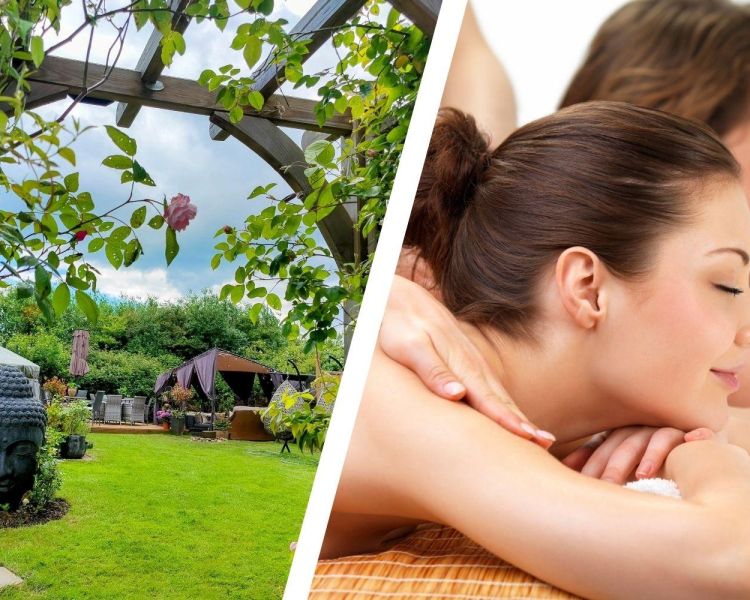Split photo of relaxing garden and couples massage