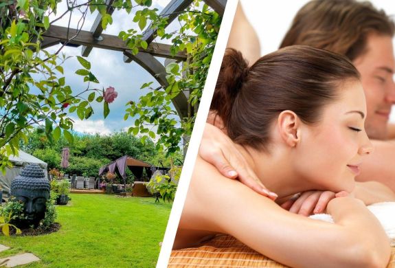 Split photo of relaxing garden and couples massage