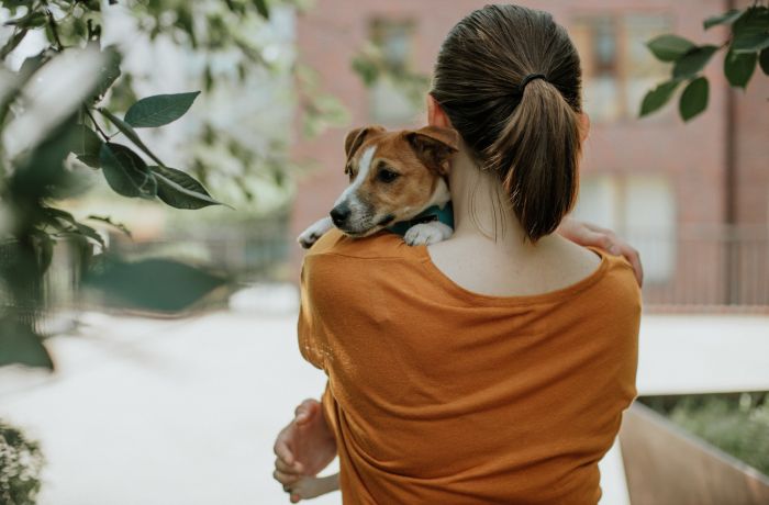 woman wearing brown t-shirt holding small dog