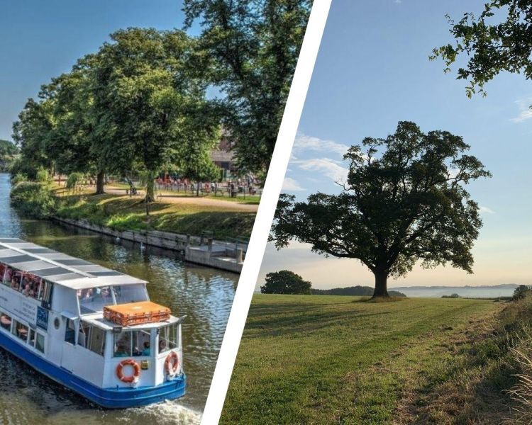 Split photo of a river cruise on the river severn and a countryside view