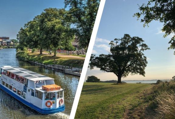 Split photo of a river cruise on the river severn and a countryside view