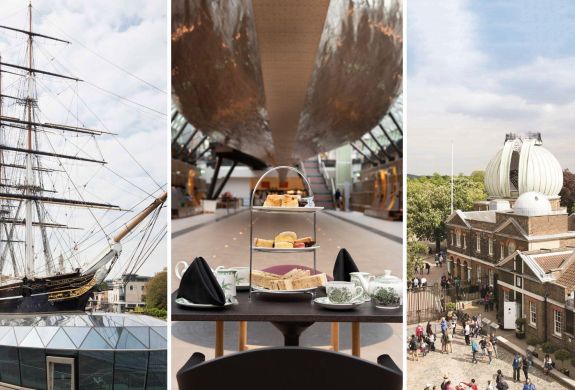 Split photo showing cutty sark afternoon tea and the royal observatory in london