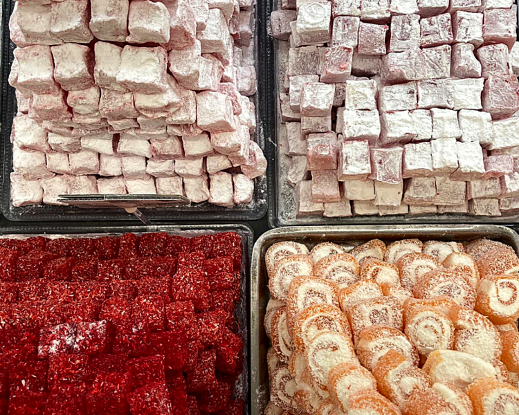 selection of sweets at raj mahal sweets on brick lane as seen on a london street art and food taste of diversity tour