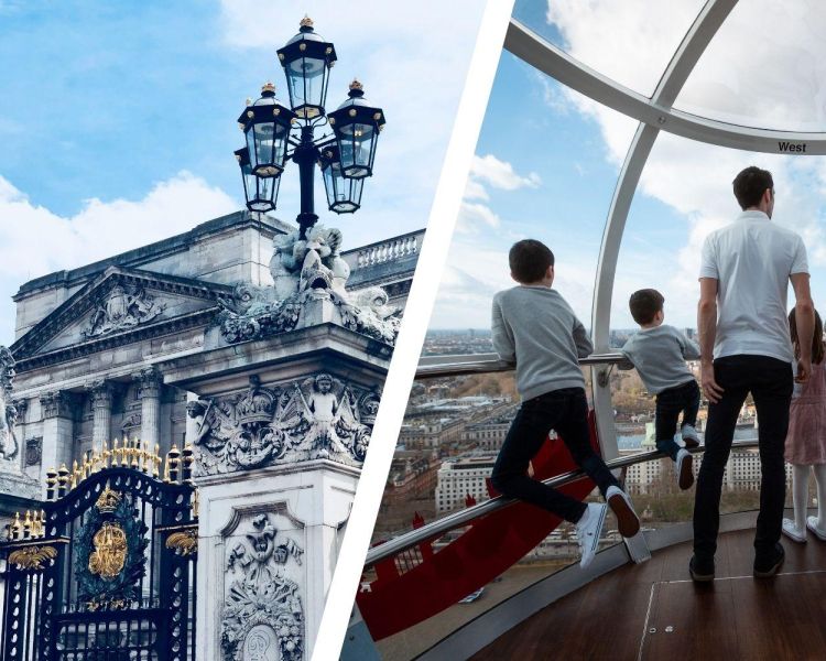 split photo showing the front of buckingham palace and family inside a pod on the london eye