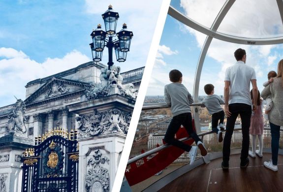 split photo showing the front of buckingham palace and family inside a pod on the london eye