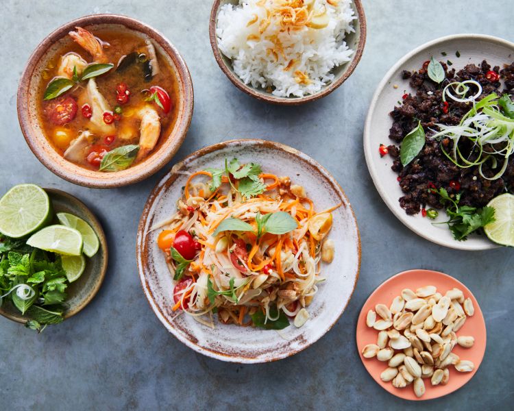 dishes of thai street food made at the jamie oliver cookery school in london