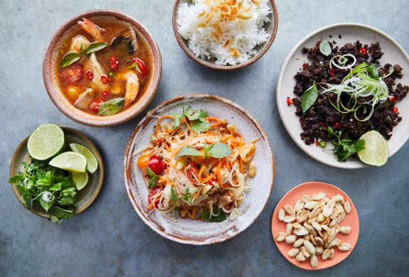 dishes of thai street food made at the jamie oliver cookery school in london