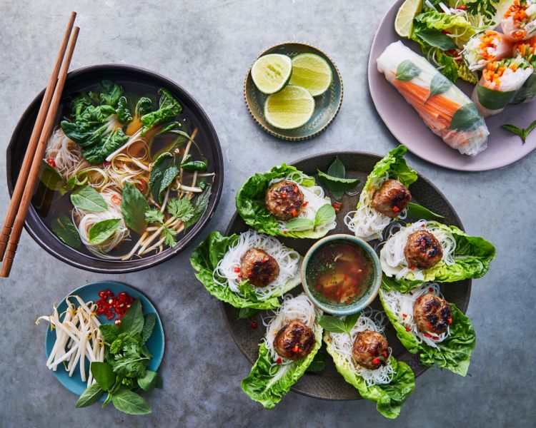 plates of vietnamese street food made at the jamie oliver cookery school in london
