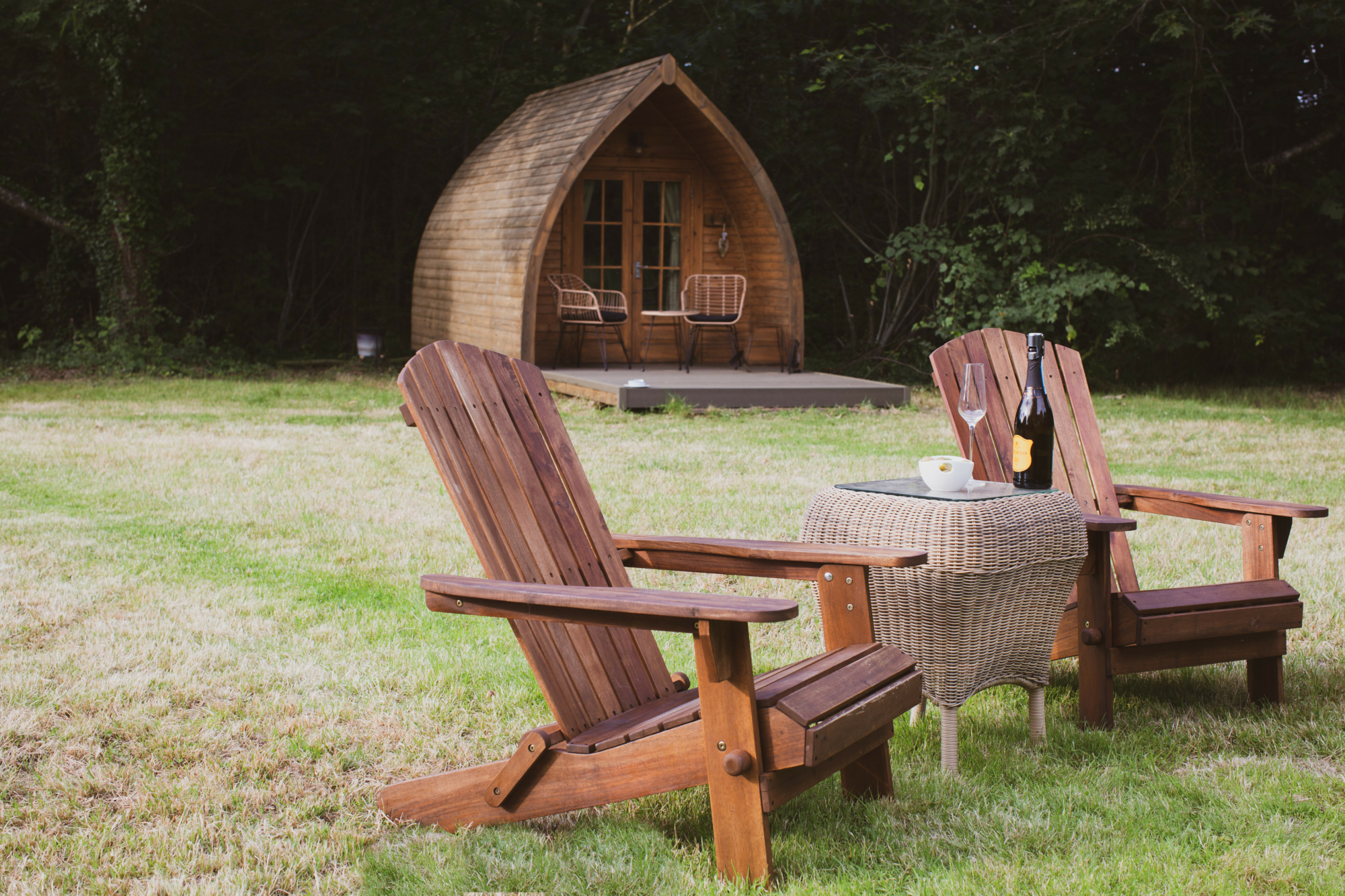 Outside of glamping pod with seating area